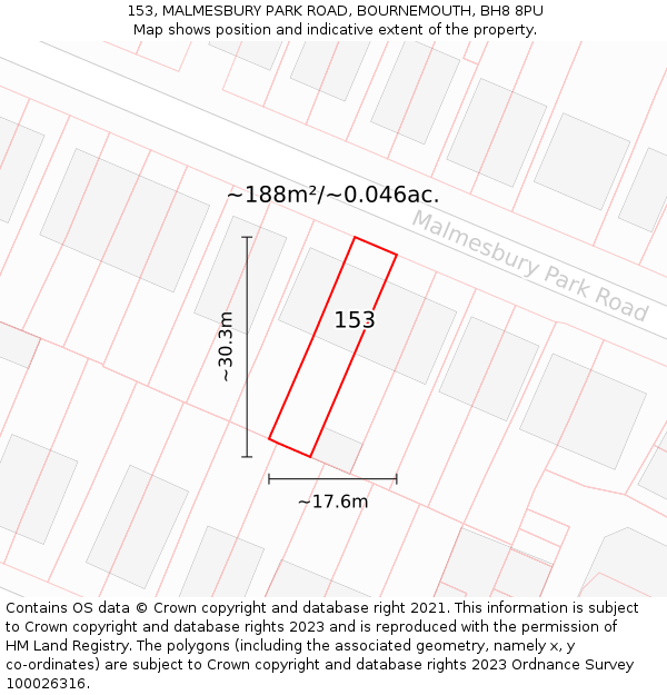 153, MALMESBURY PARK ROAD, BOURNEMOUTH, BH8 8PU: Plot and title map