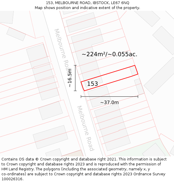 153, MELBOURNE ROAD, IBSTOCK, LE67 6NQ: Plot and title map