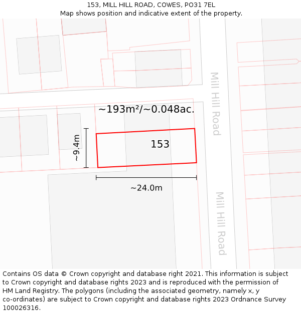 153, MILL HILL ROAD, COWES, PO31 7EL: Plot and title map