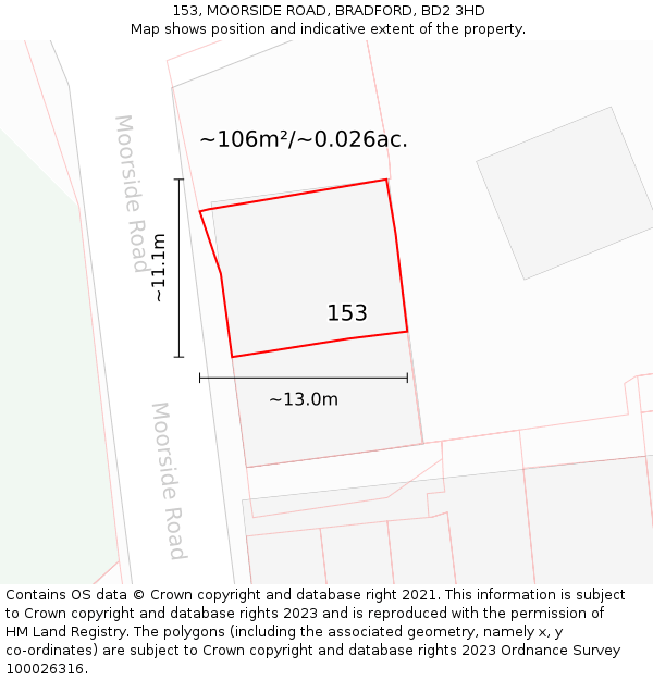 153, MOORSIDE ROAD, BRADFORD, BD2 3HD: Plot and title map