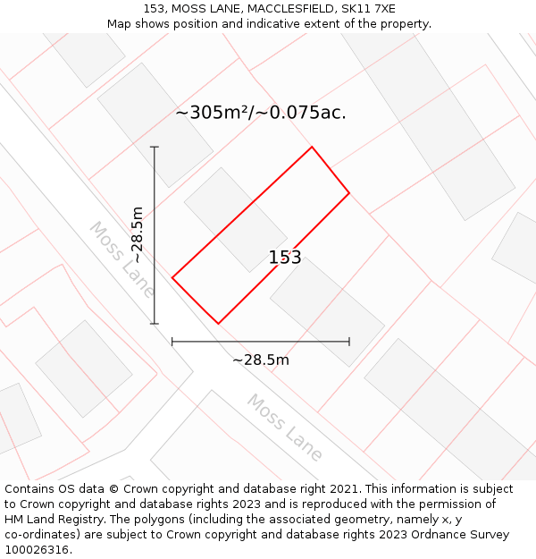 153, MOSS LANE, MACCLESFIELD, SK11 7XE: Plot and title map