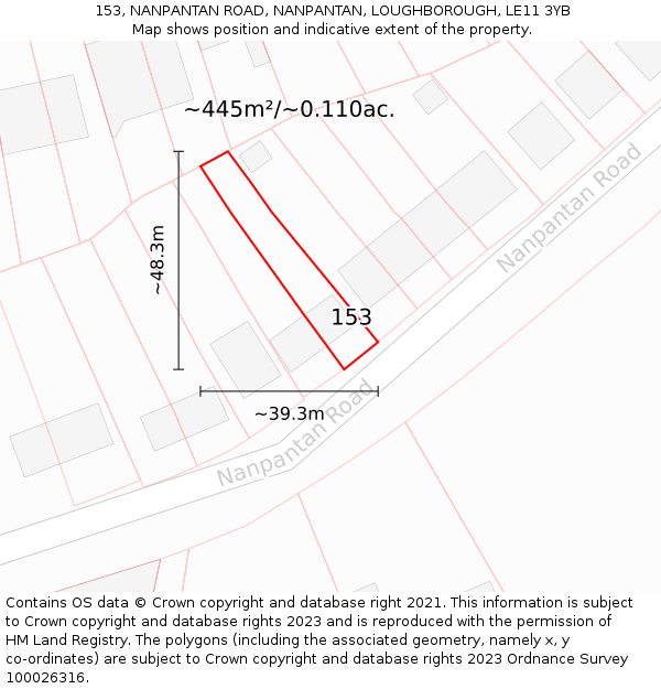 153, NANPANTAN ROAD, NANPANTAN, LOUGHBOROUGH, LE11 3YB: Plot and title map