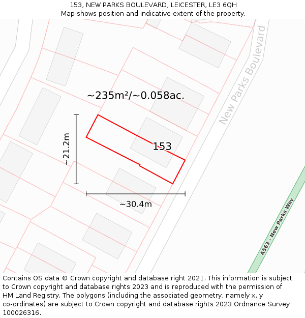 153, NEW PARKS BOULEVARD, LEICESTER, LE3 6QH: Plot and title map