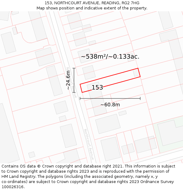 153, NORTHCOURT AVENUE, READING, RG2 7HG: Plot and title map