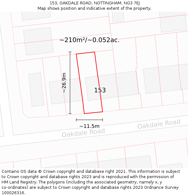 153, OAKDALE ROAD, NOTTINGHAM, NG3 7EJ: Plot and title map