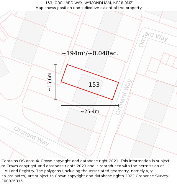 153, ORCHARD WAY, WYMONDHAM, NR18 0NZ: Plot and title map