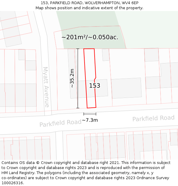 153, PARKFIELD ROAD, WOLVERHAMPTON, WV4 6EP: Plot and title map