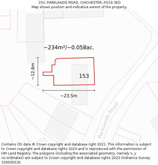 153, PARKLANDS ROAD, CHICHESTER, PO19 3ED: Plot and title map