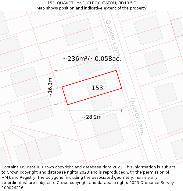 153, QUAKER LANE, CLECKHEATON, BD19 5JD: Plot and title map