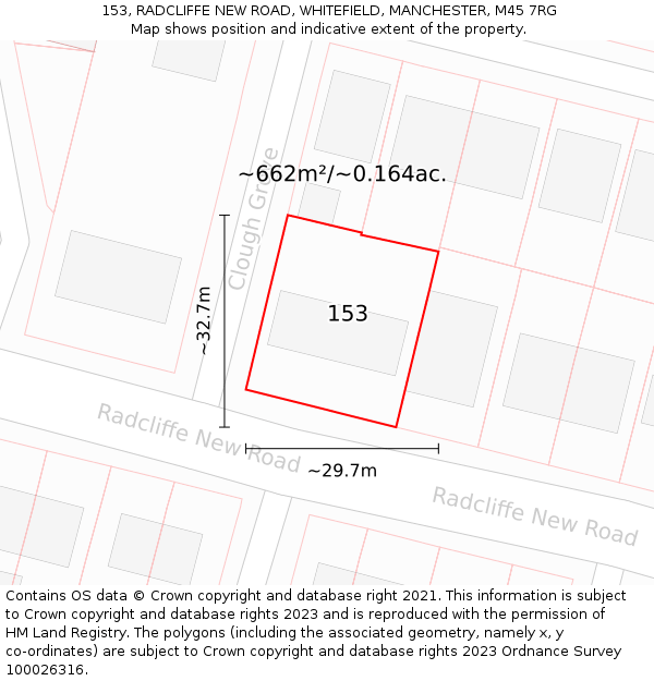 153, RADCLIFFE NEW ROAD, WHITEFIELD, MANCHESTER, M45 7RG: Plot and title map