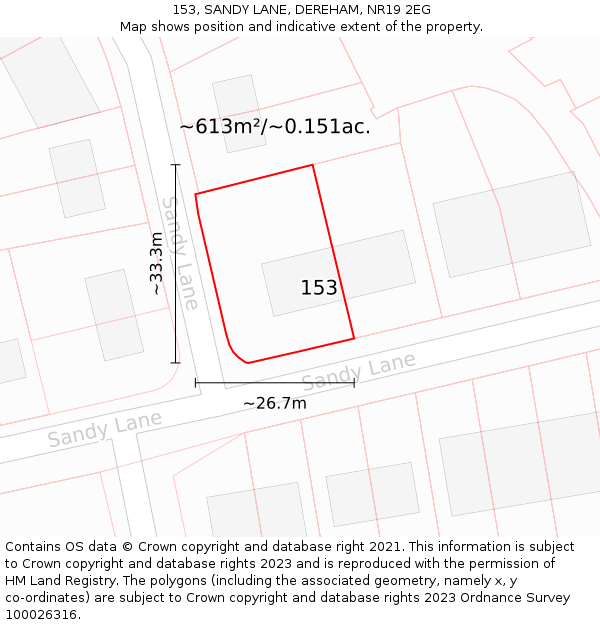 153, SANDY LANE, DEREHAM, NR19 2EG: Plot and title map
