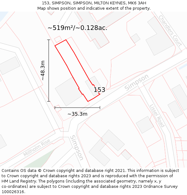 153, SIMPSON, SIMPSON, MILTON KEYNES, MK6 3AH: Plot and title map