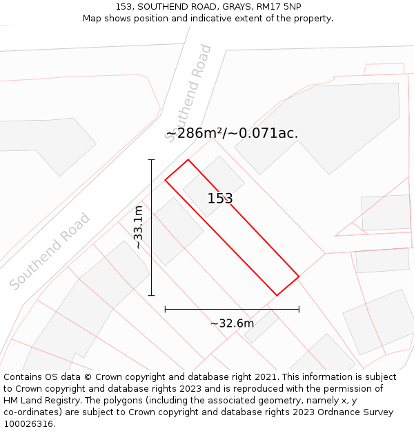 153, SOUTHEND ROAD, GRAYS, RM17 5NP: Plot and title map