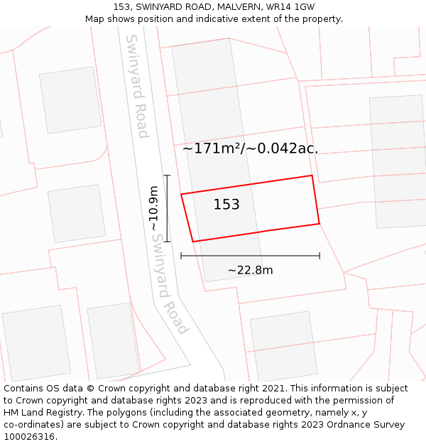 153, SWINYARD ROAD, MALVERN, WR14 1GW: Plot and title map