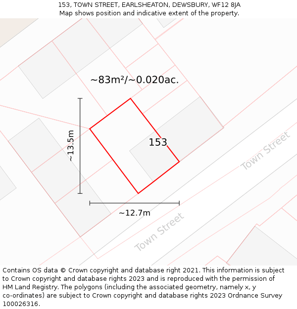 153, TOWN STREET, EARLSHEATON, DEWSBURY, WF12 8JA: Plot and title map
