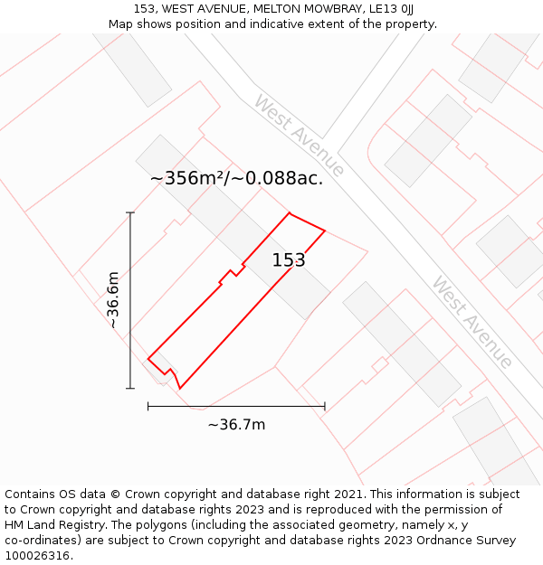 153, WEST AVENUE, MELTON MOWBRAY, LE13 0JJ: Plot and title map