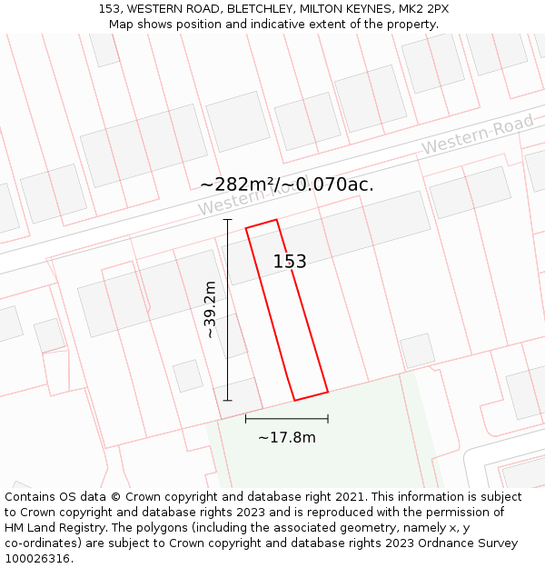 153, WESTERN ROAD, BLETCHLEY, MILTON KEYNES, MK2 2PX: Plot and title map