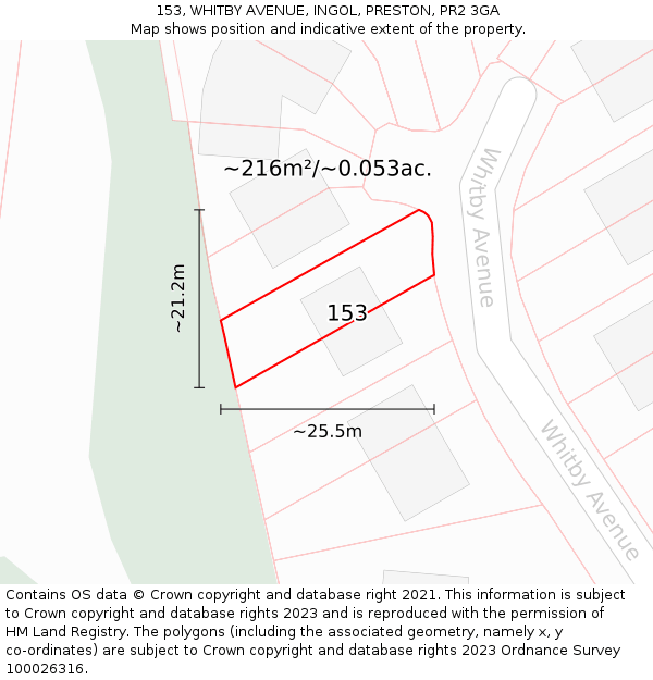 153, WHITBY AVENUE, INGOL, PRESTON, PR2 3GA: Plot and title map