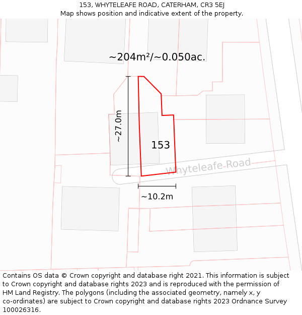 153, WHYTELEAFE ROAD, CATERHAM, CR3 5EJ: Plot and title map
