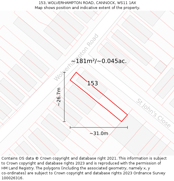 153, WOLVERHAMPTON ROAD, CANNOCK, WS11 1AX: Plot and title map