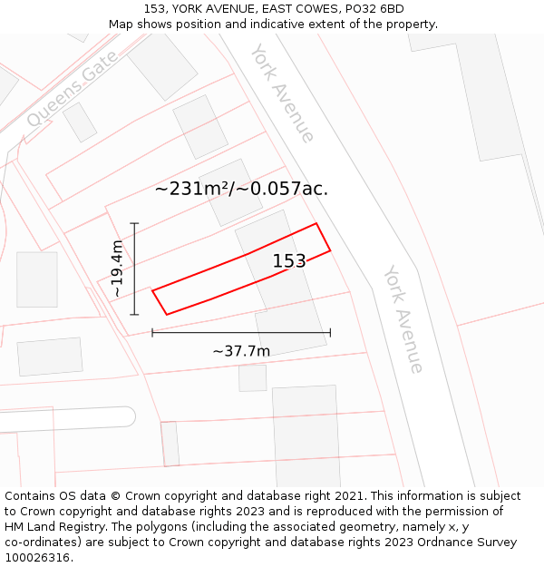 153, YORK AVENUE, EAST COWES, PO32 6BD: Plot and title map
