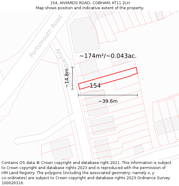 154, ANYARDS ROAD, COBHAM, KT11 2LH: Plot and title map