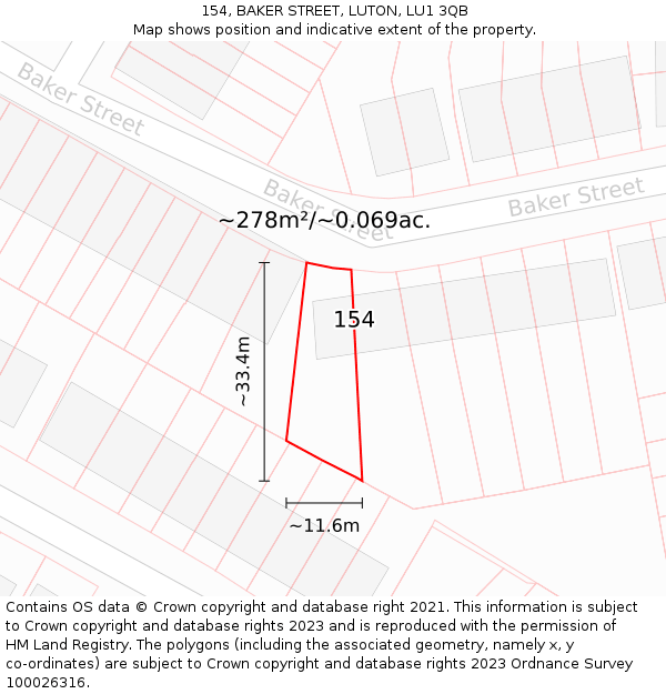 154, BAKER STREET, LUTON, LU1 3QB: Plot and title map