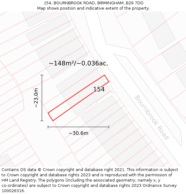 154, BOURNBROOK ROAD, BIRMINGHAM, B29 7DD: Plot and title map