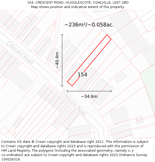 154, CRESCENT ROAD, HUGGLESCOTE, COALVILLE, LE67 2BD: Plot and title map