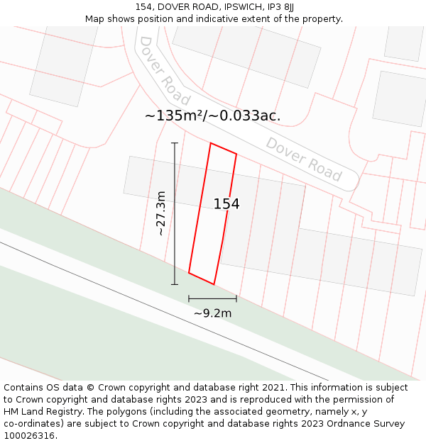 154, DOVER ROAD, IPSWICH, IP3 8JJ: Plot and title map