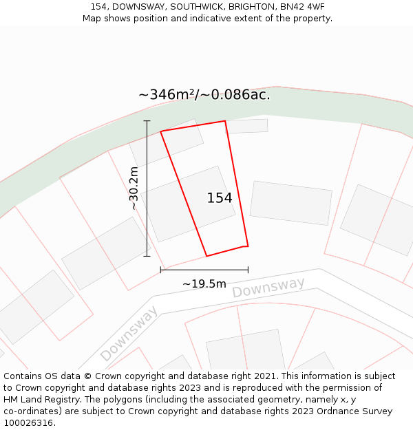 154, DOWNSWAY, SOUTHWICK, BRIGHTON, BN42 4WF: Plot and title map