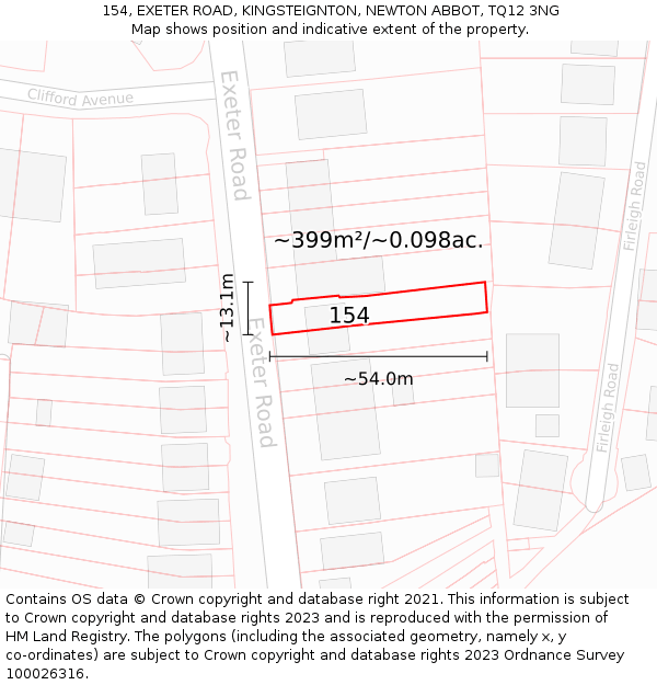 154, EXETER ROAD, KINGSTEIGNTON, NEWTON ABBOT, TQ12 3NG: Plot and title map