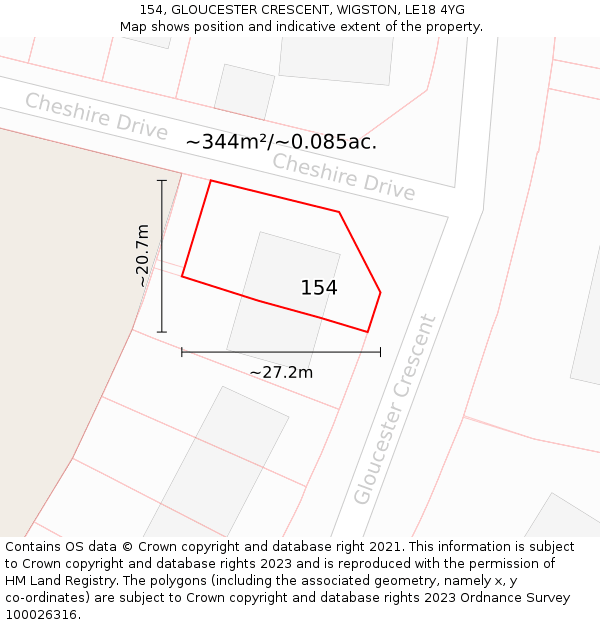 154, GLOUCESTER CRESCENT, WIGSTON, LE18 4YG: Plot and title map