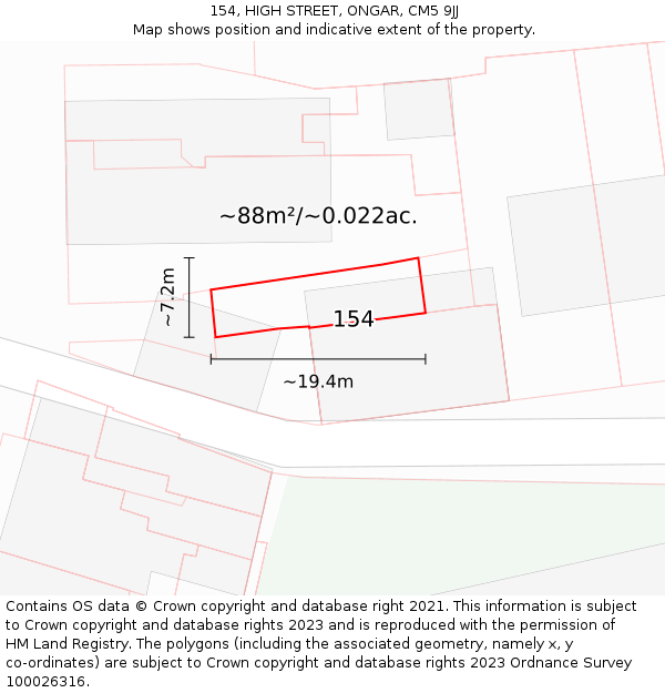 154, HIGH STREET, ONGAR, CM5 9JJ: Plot and title map