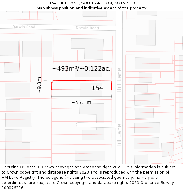 154, HILL LANE, SOUTHAMPTON, SO15 5DD: Plot and title map