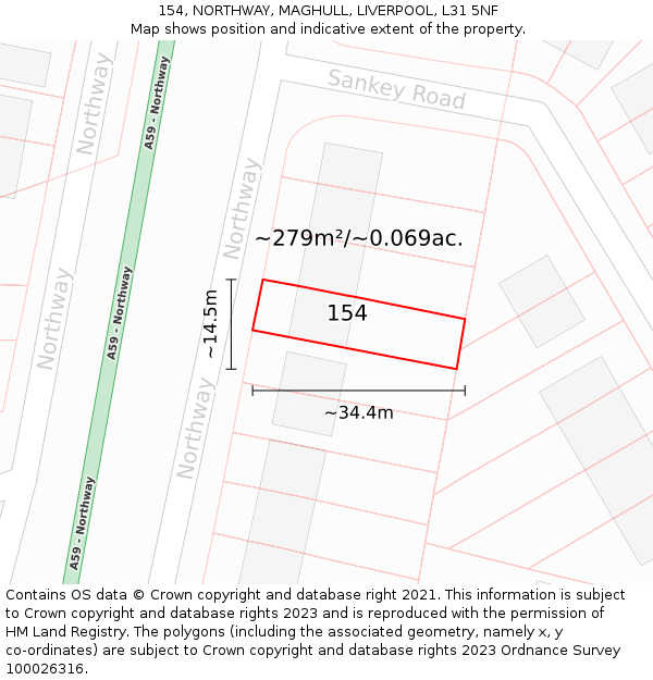 154, NORTHWAY, MAGHULL, LIVERPOOL, L31 5NF: Plot and title map