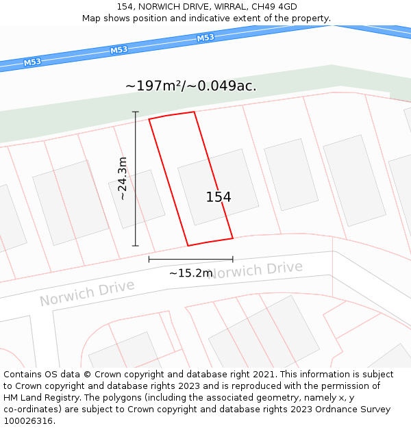 154, NORWICH DRIVE, WIRRAL, CH49 4GD: Plot and title map