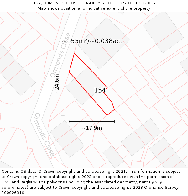 154, ORMONDS CLOSE, BRADLEY STOKE, BRISTOL, BS32 0DY: Plot and title map