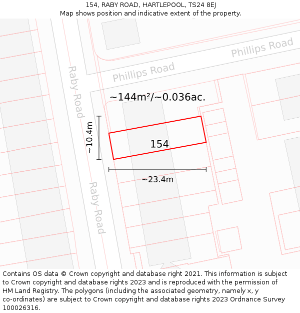 154, RABY ROAD, HARTLEPOOL, TS24 8EJ: Plot and title map