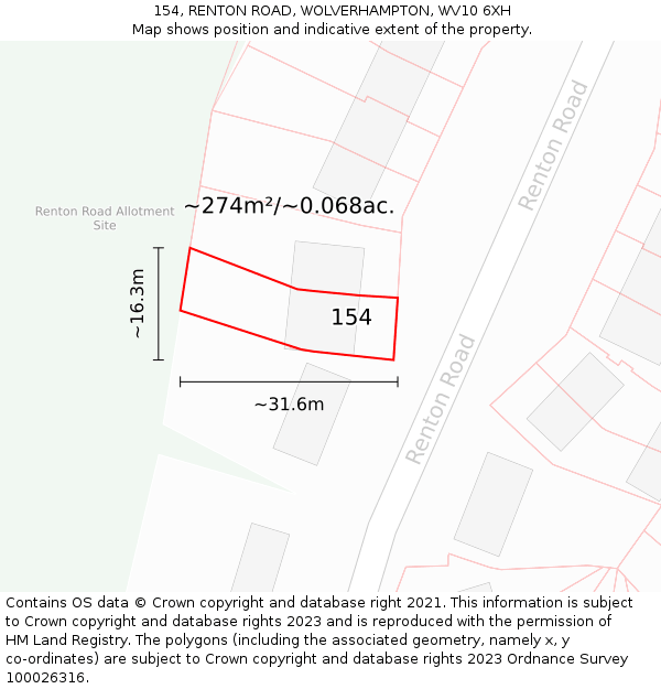 154, RENTON ROAD, WOLVERHAMPTON, WV10 6XH: Plot and title map
