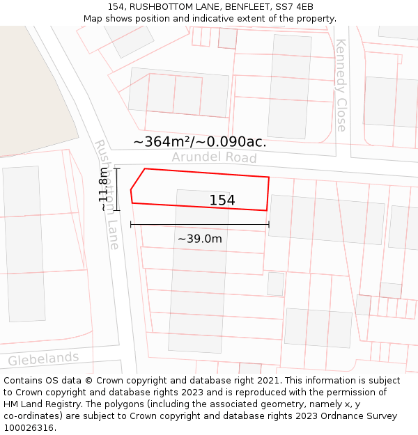 154, RUSHBOTTOM LANE, BENFLEET, SS7 4EB: Plot and title map