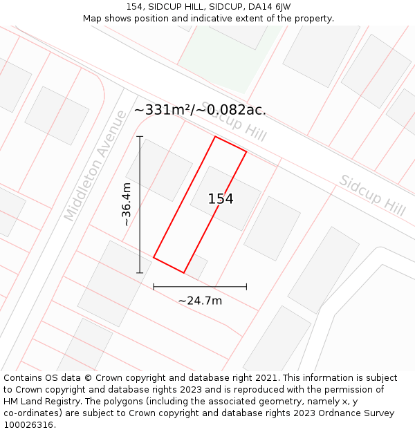 154, SIDCUP HILL, SIDCUP, DA14 6JW: Plot and title map