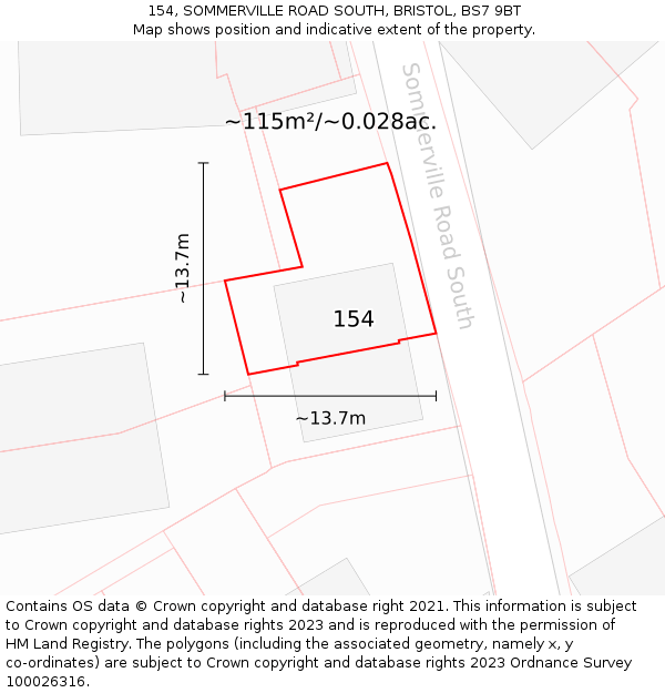154, SOMMERVILLE ROAD SOUTH, BRISTOL, BS7 9BT: Plot and title map