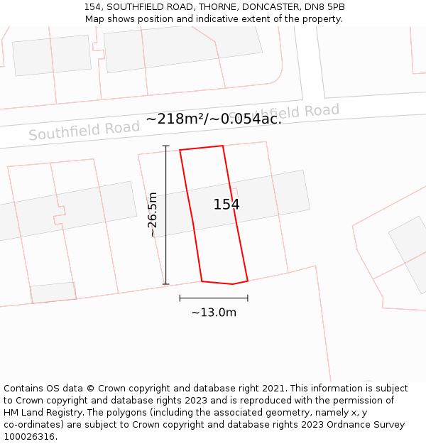 154, SOUTHFIELD ROAD, THORNE, DONCASTER, DN8 5PB: Plot and title map