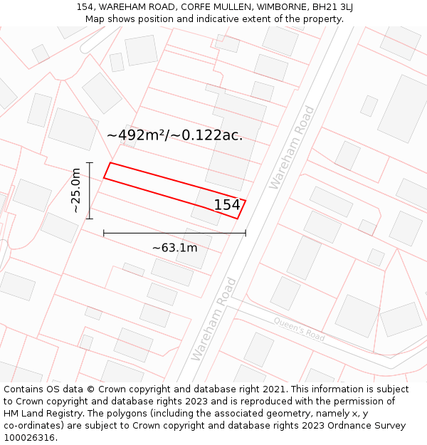 154, WAREHAM ROAD, CORFE MULLEN, WIMBORNE, BH21 3LJ: Plot and title map