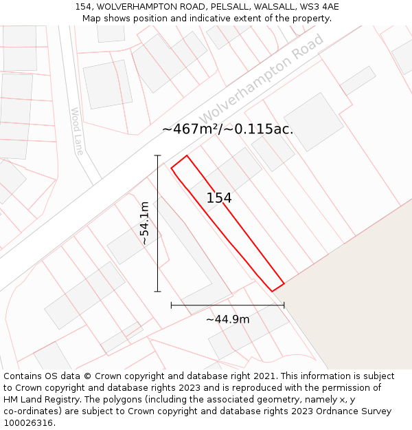 154, WOLVERHAMPTON ROAD, PELSALL, WALSALL, WS3 4AE: Plot and title map