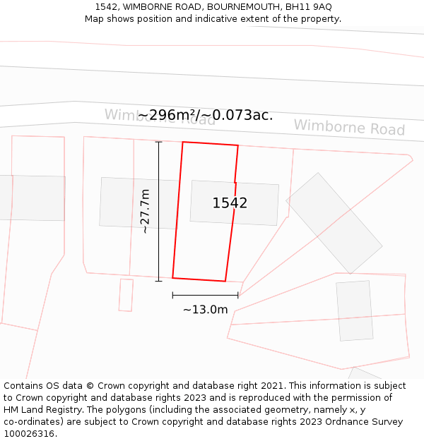 1542, WIMBORNE ROAD, BOURNEMOUTH, BH11 9AQ: Plot and title map
