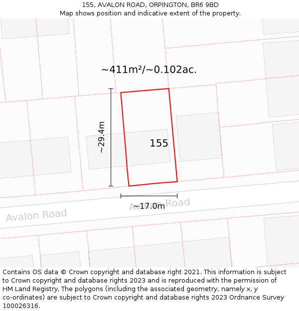 155, AVALON ROAD, ORPINGTON, BR6 9BD: Plot and title map