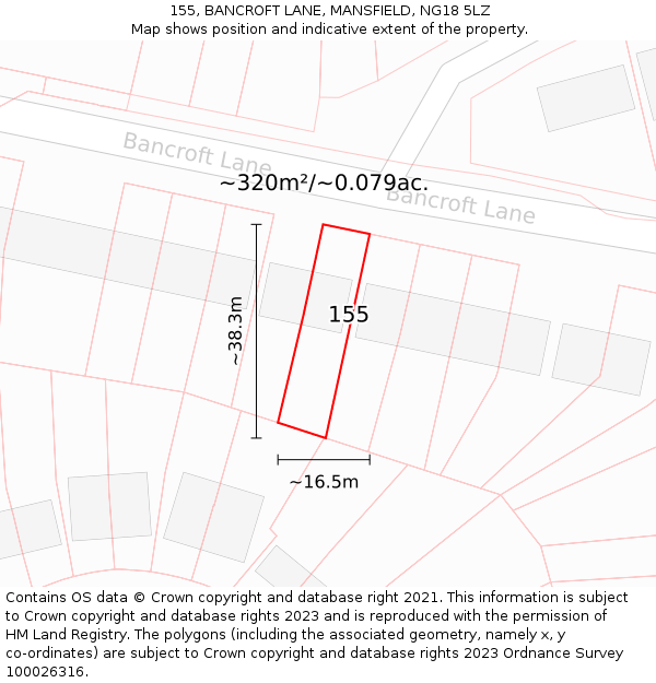 155, BANCROFT LANE, MANSFIELD, NG18 5LZ: Plot and title map