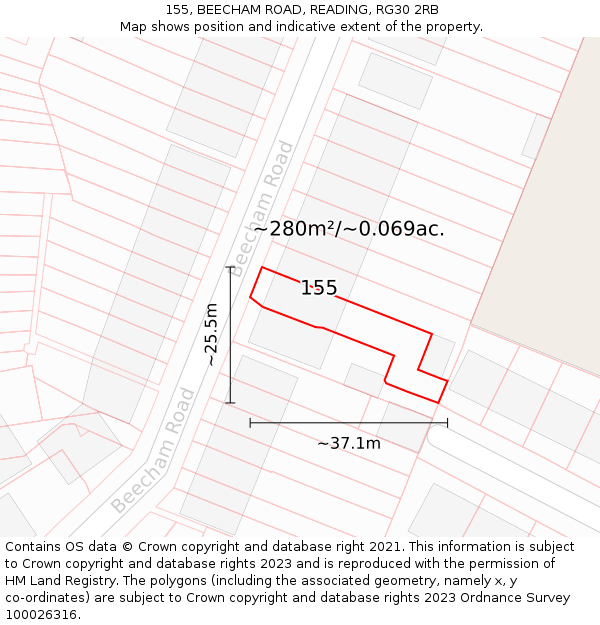 155, BEECHAM ROAD, READING, RG30 2RB: Plot and title map